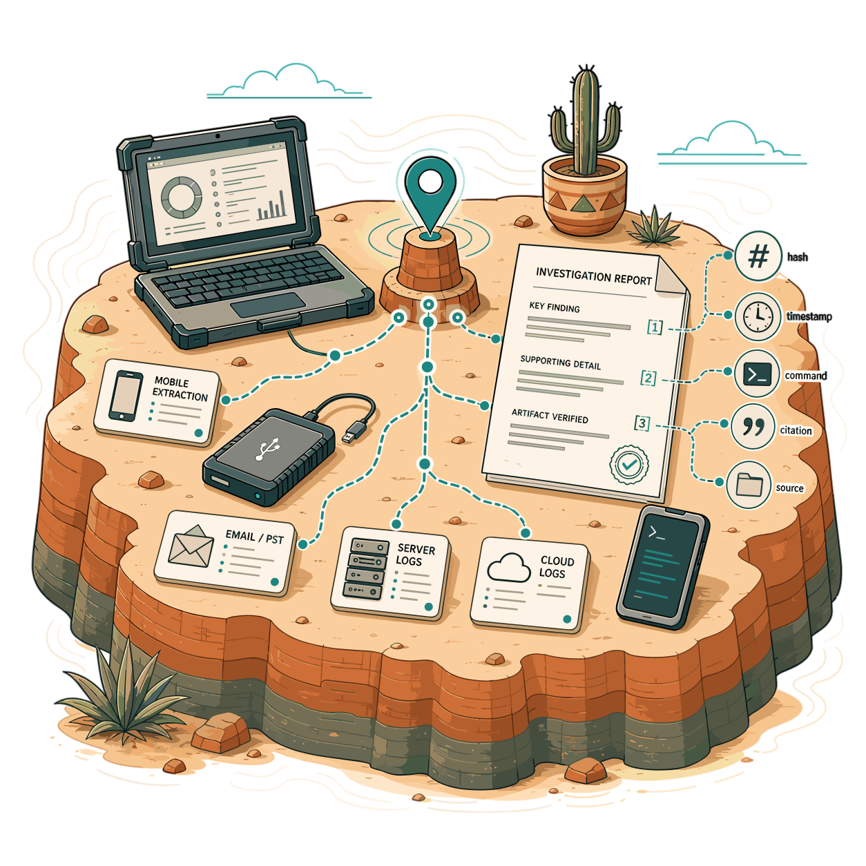 Digital forensics workspace — unified timeline across devices with citations to native artifacts.